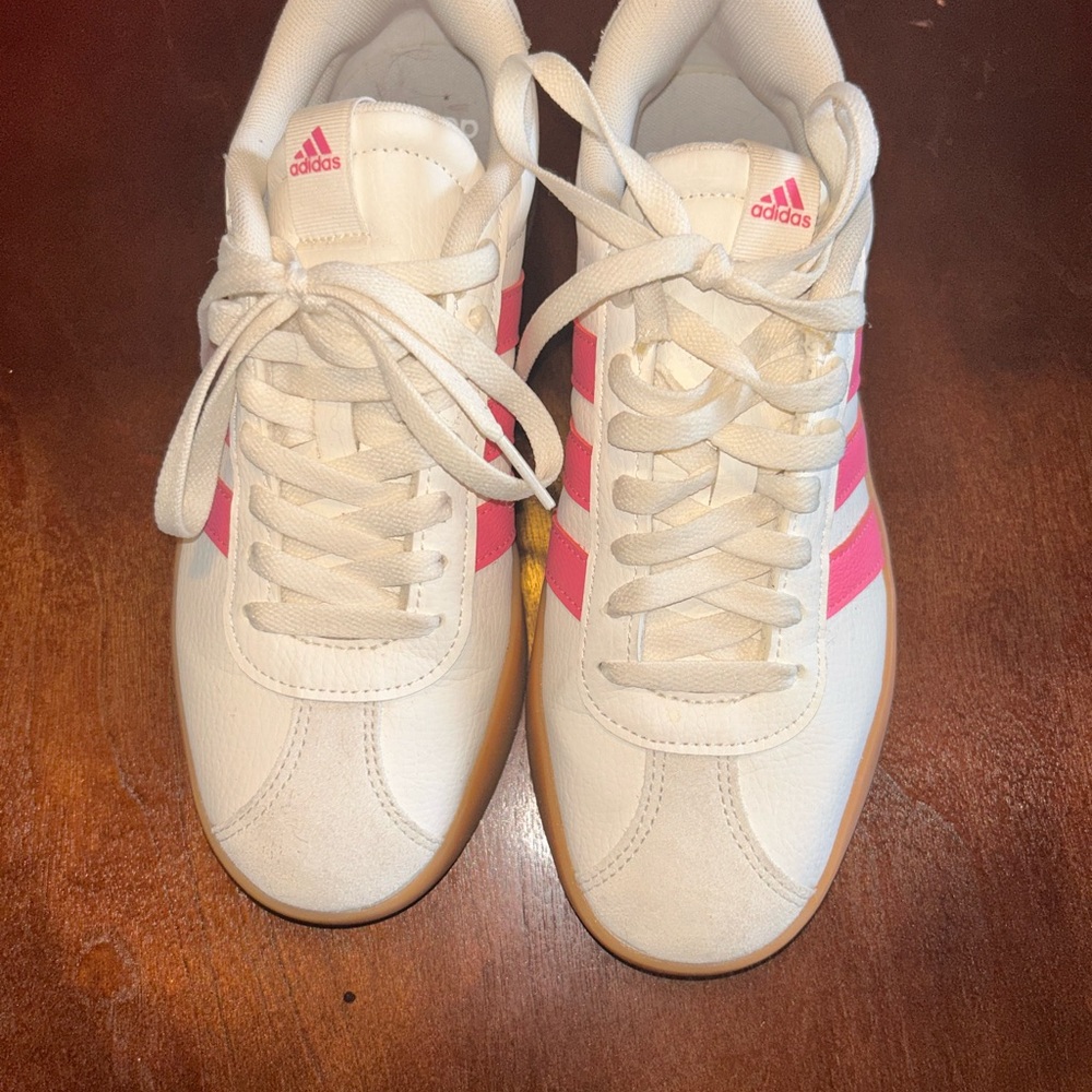 Adidas Women's White and Pink Striped Sneakers